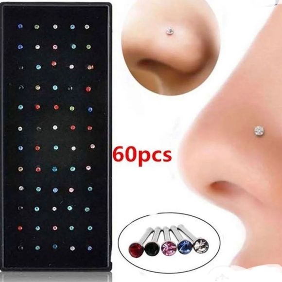 60pcs Nose Stud Stainless Steel Fashion Rhinestone Multicolor Studs - Picture 1 of 2